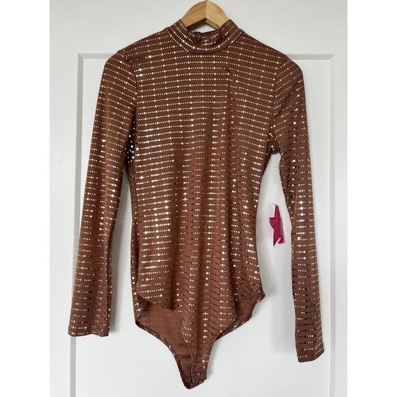 NWT Iris Knit Sequin Long Sleeve Mock Neck Bodysuit Mocha Heat Womens Size Large - Picture 2 of 11